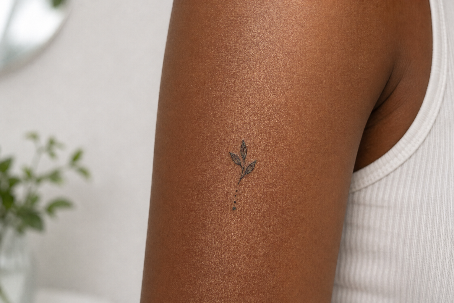 Small botanical temporary tattoo on deep brown skin with a soft low-shine finish