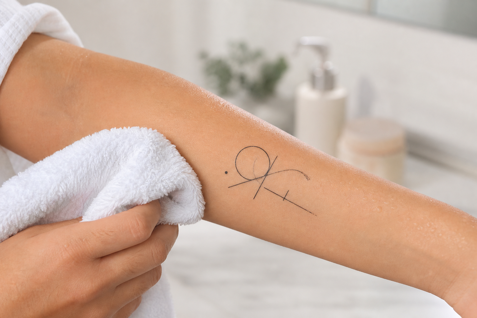 Temporary tattoo on a forearm near a towel showing how rubbing can wear the edge