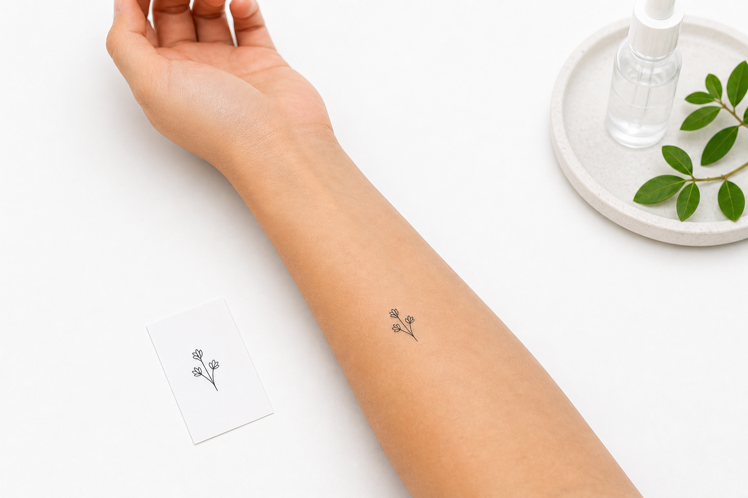 Small temporary tattoo patch test on the inner arm next to a generic ingredient list card