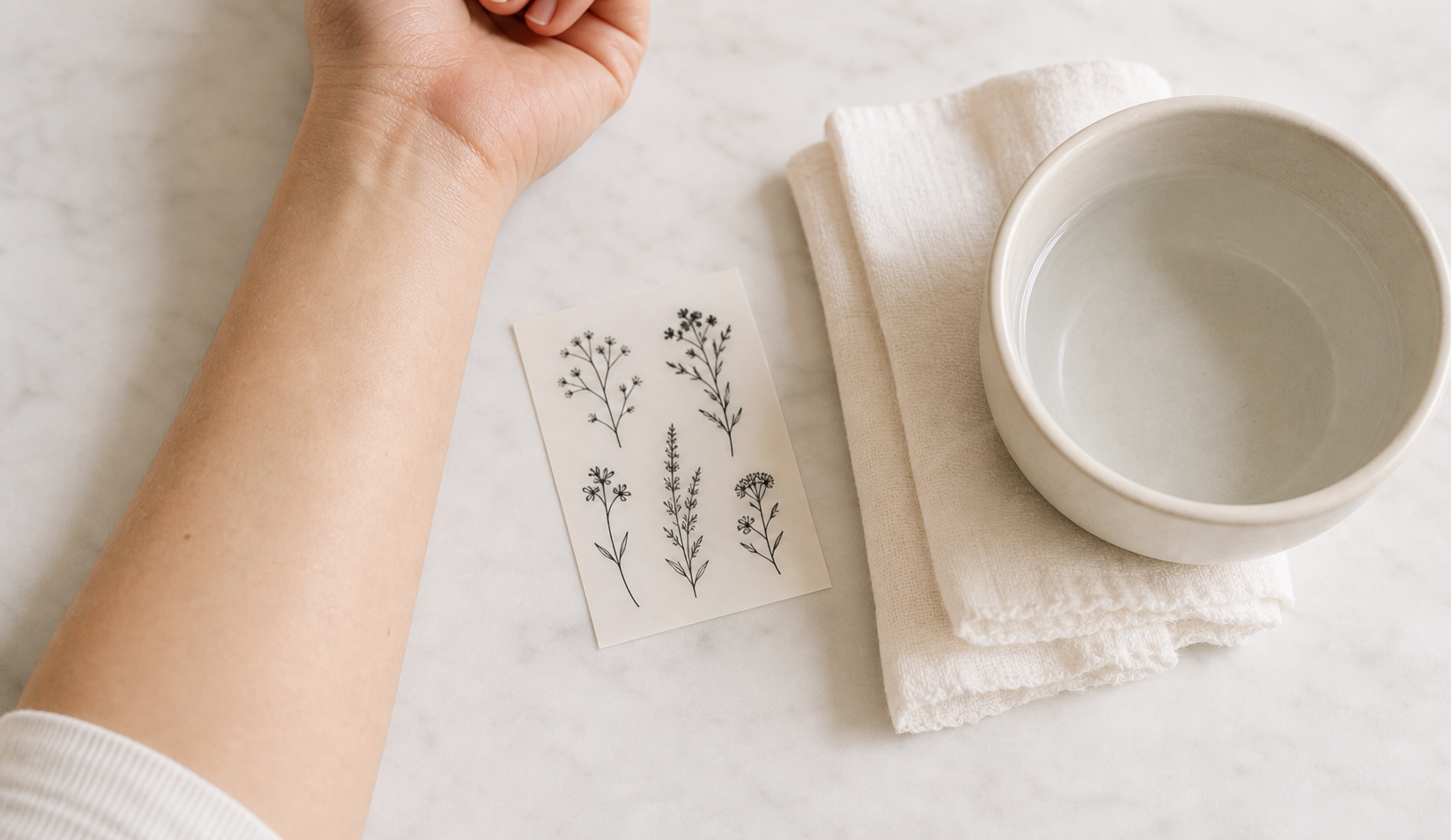 Instruction-style temporary tattoo skin check with clean skin, tattoo sheet, cloth, and water