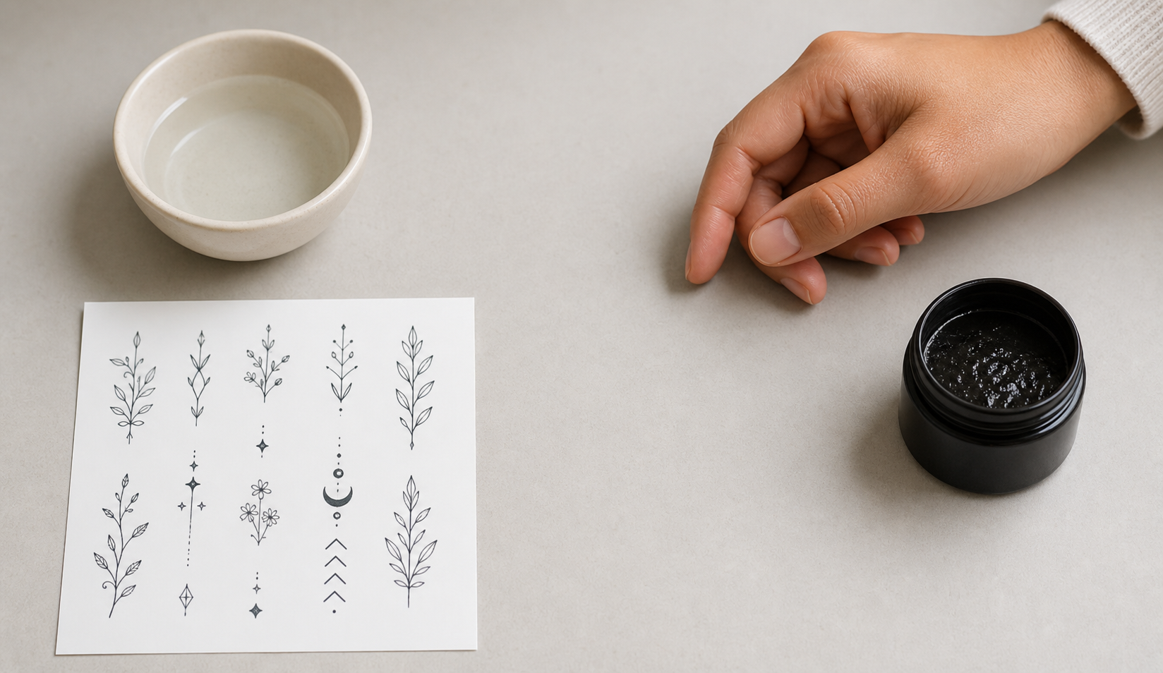 Visual guide comparing temporary tattoo stickers with a separate dark stain product