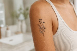 Waterproof temporary tattoo on an adult upper arm with light water droplets and a crisp botanical design