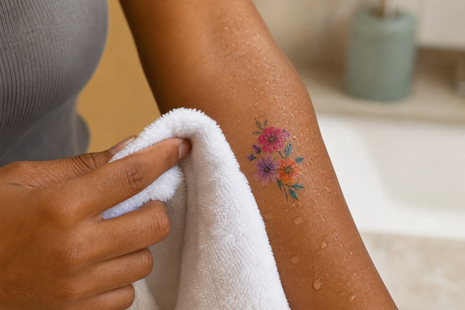 Temporary tattoo being gently patted dry after water exposure