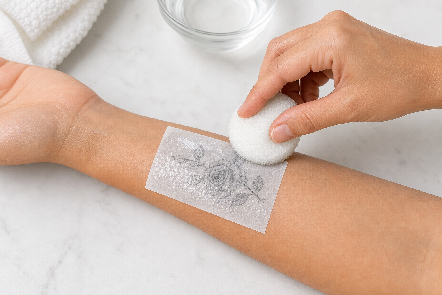 Damp sponge evenly wetting the backing paper of a temporary tattoo on skin