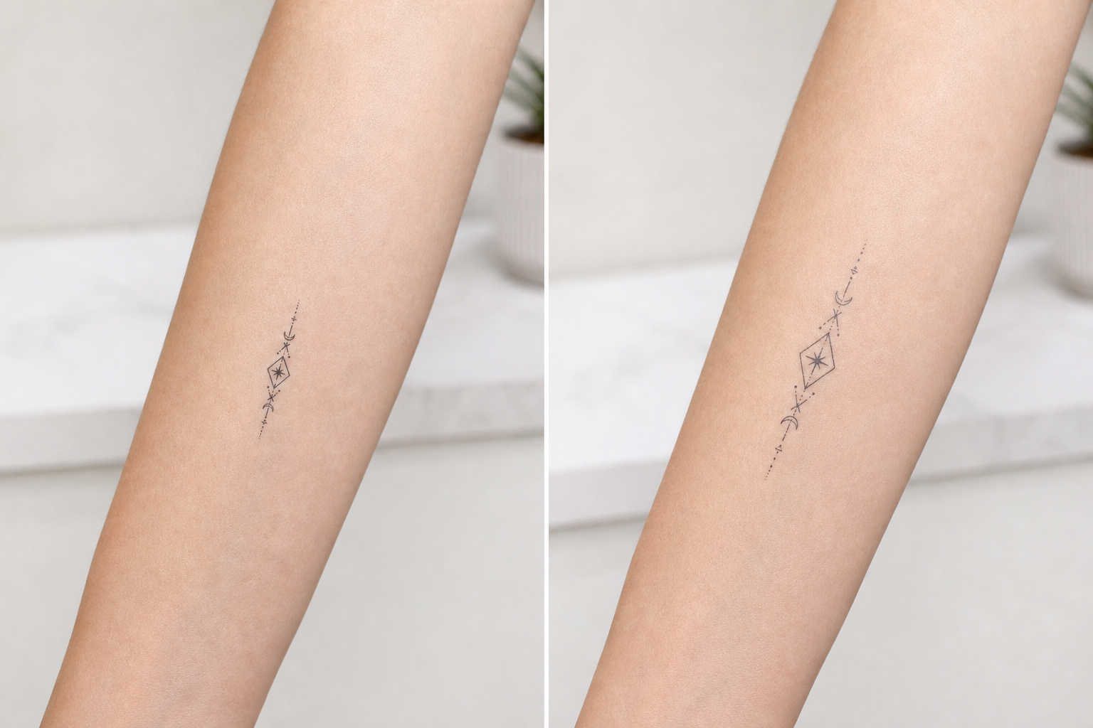 Two temporary tattoo placement tests comparing size and direction on a forearm