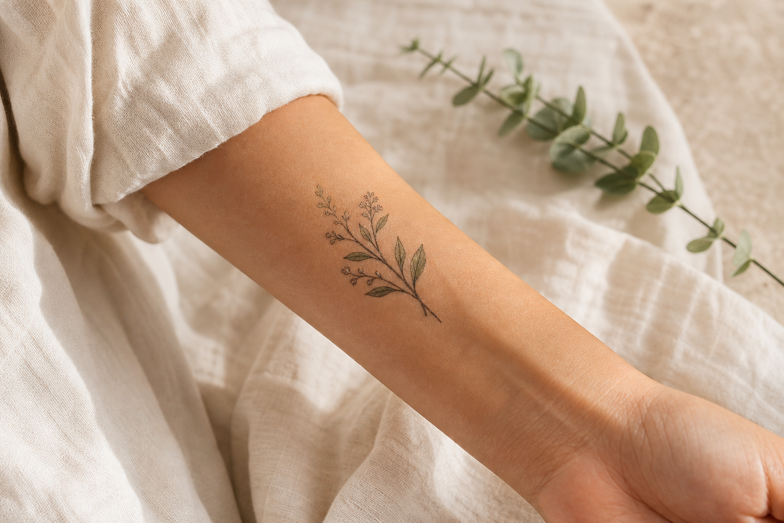 Fresh botanical temporary tattoo on clean skin.