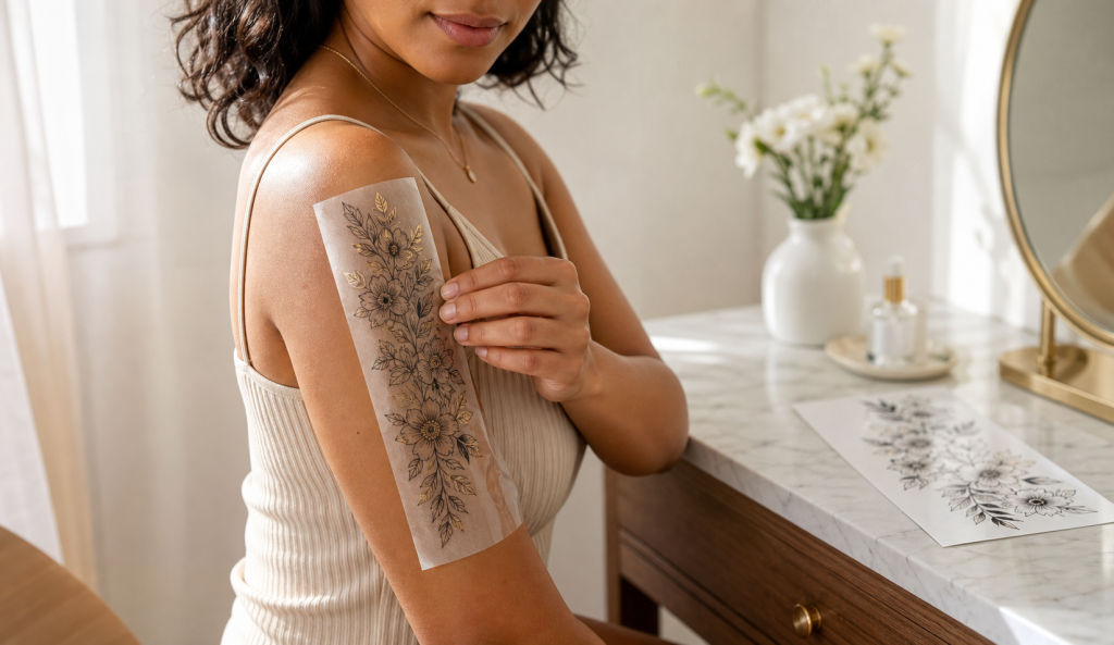A large temporary tattoo sheet being prepared with a backup sheet nearby.