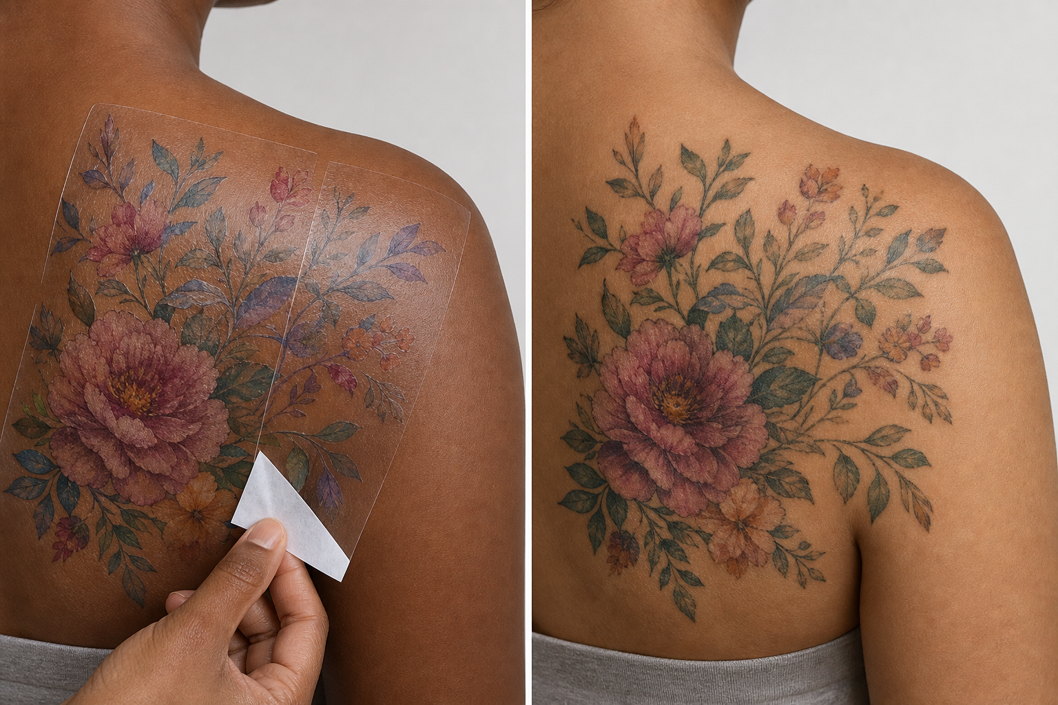 Large temporary tattoo pieces with a seam compared with a continuous permanent tattoo