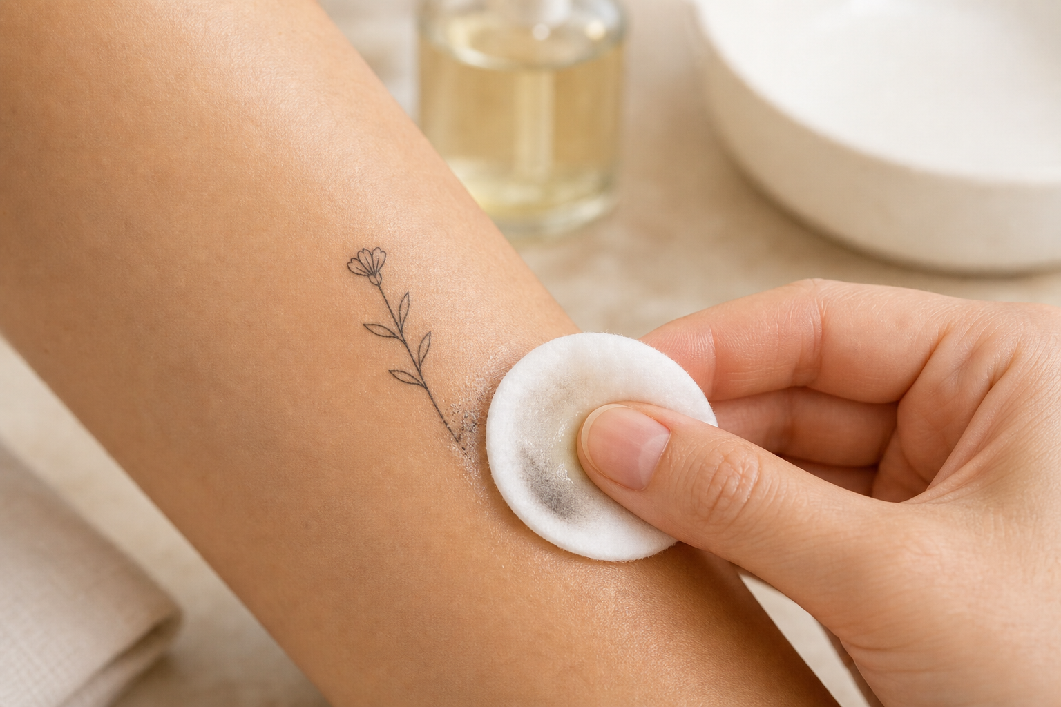 Gently wiping the edge of a temporary tattoo with cleansing oil.