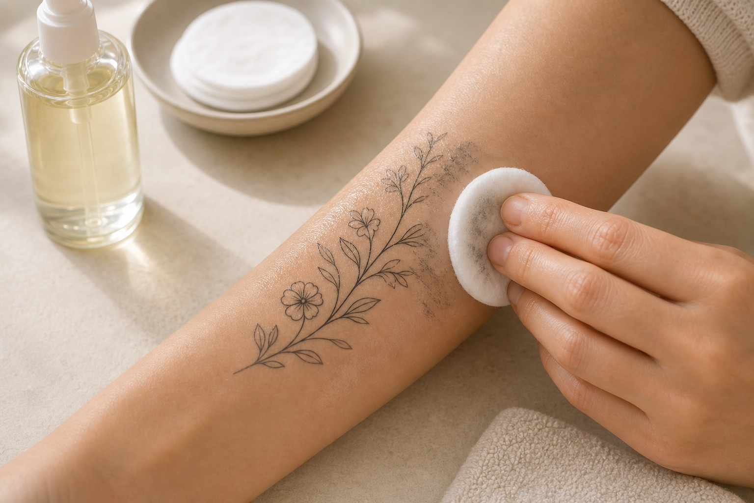 A larger temporary tattoo partly wiped away and blurred during cleansing oil removal.