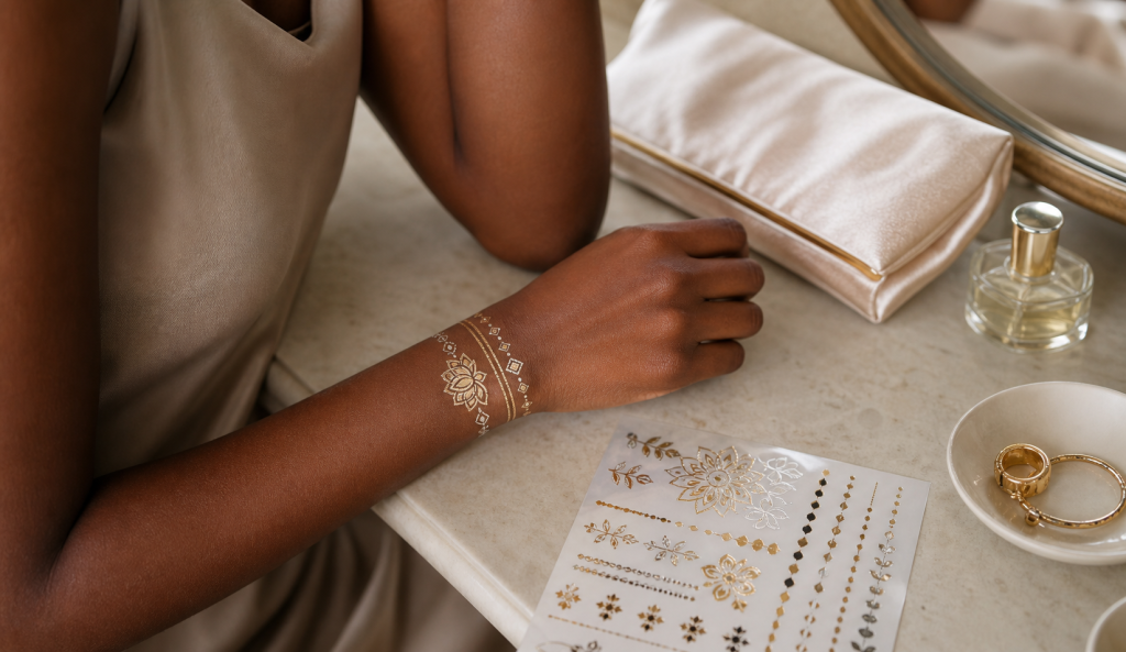 Metallic temporary tattoo styled for an event with an unused sheet nearby.