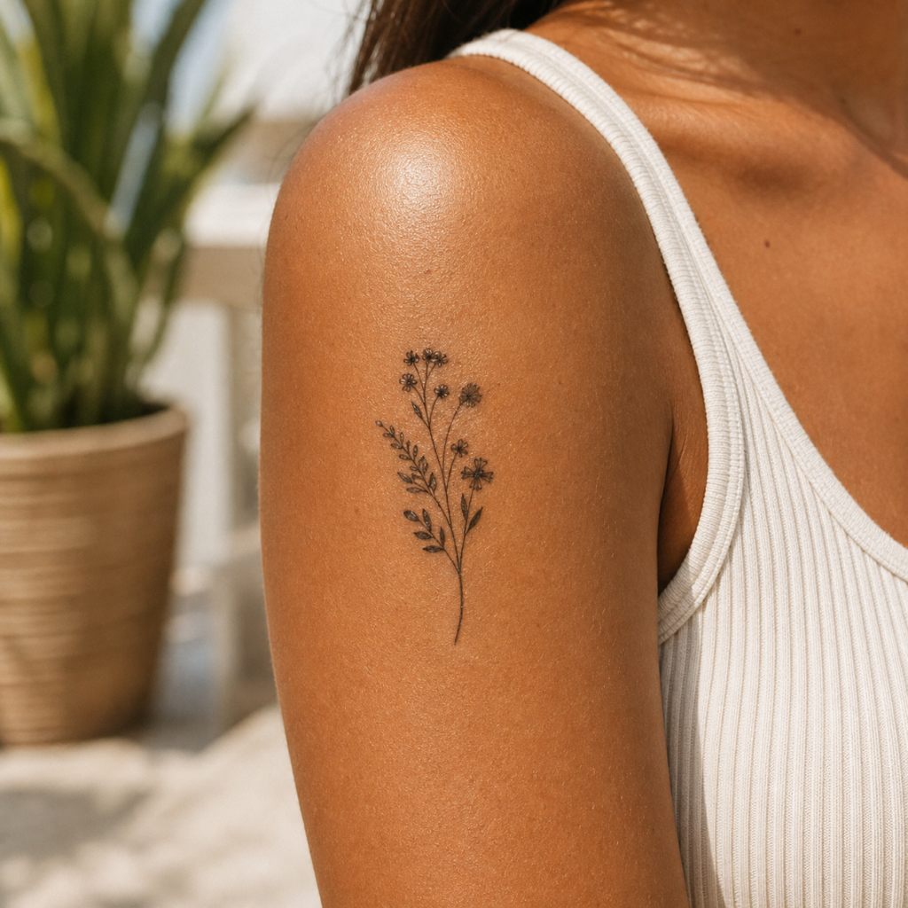 Temporary tattoo on an adult shoulder in natural sunlight