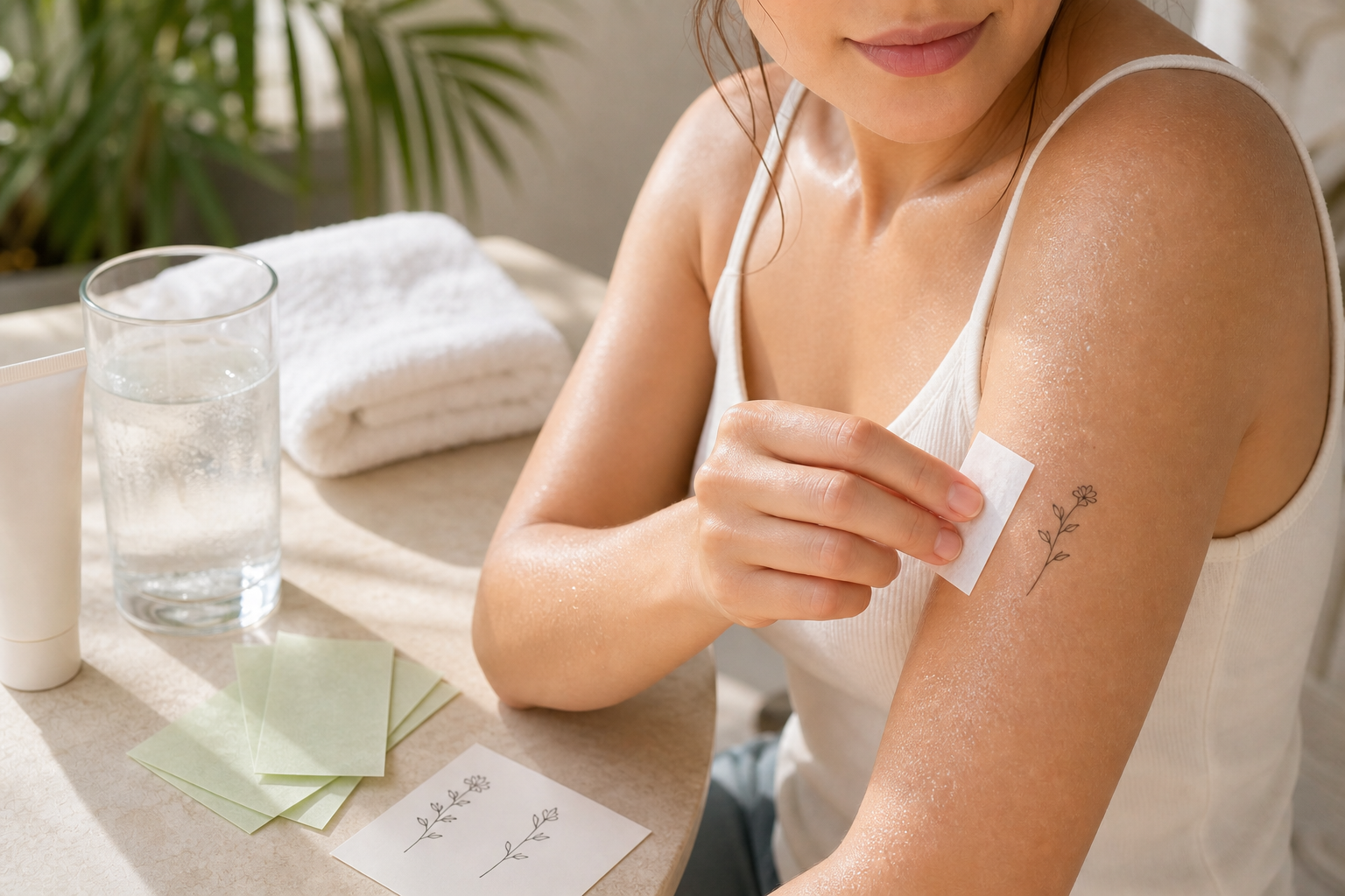 Applying a temporary tattoo to clean dry skin in summer.