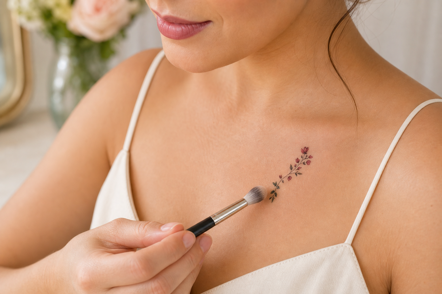 Makeup blended around a temporary tattoo after application.