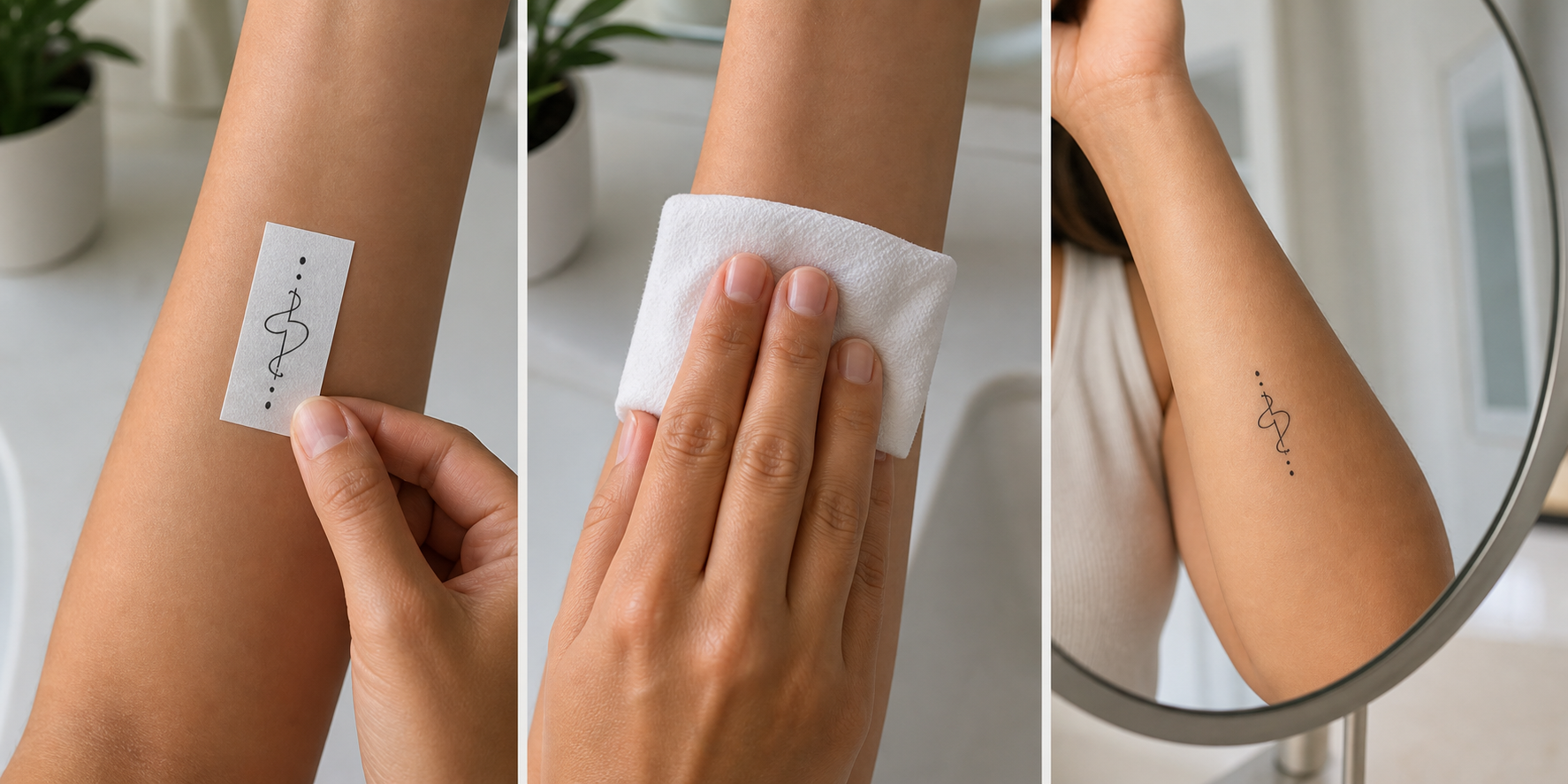 Three visual steps for previewing, applying, and checking temporary tattoo placement