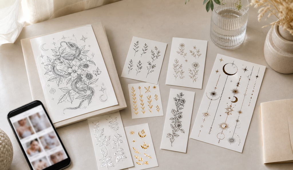 Assorted temporary tattoo sheets in different sizes and finishes on a table.