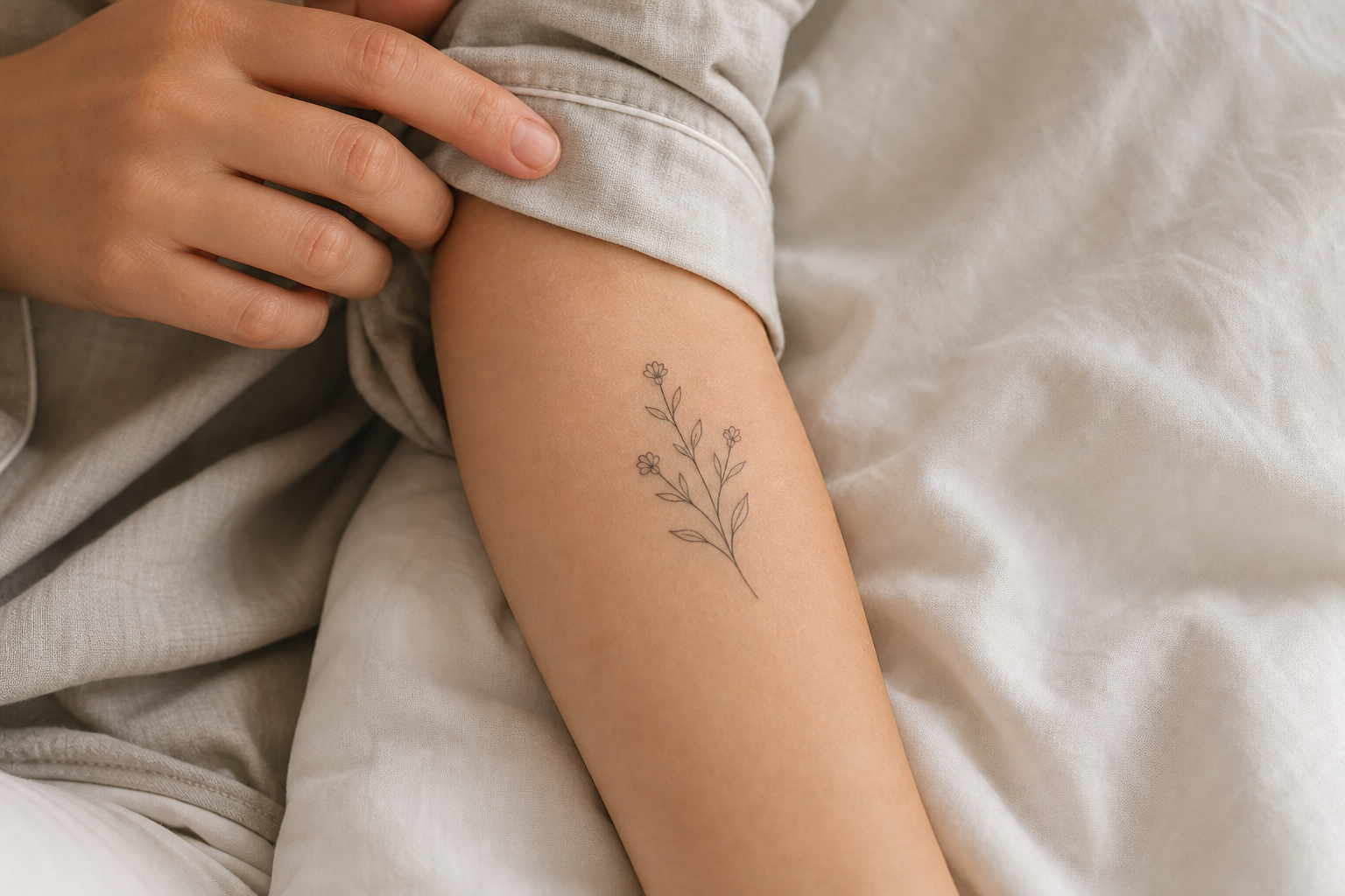 A temporary tattoo placed where loose sleepwear is less likely to rub it.