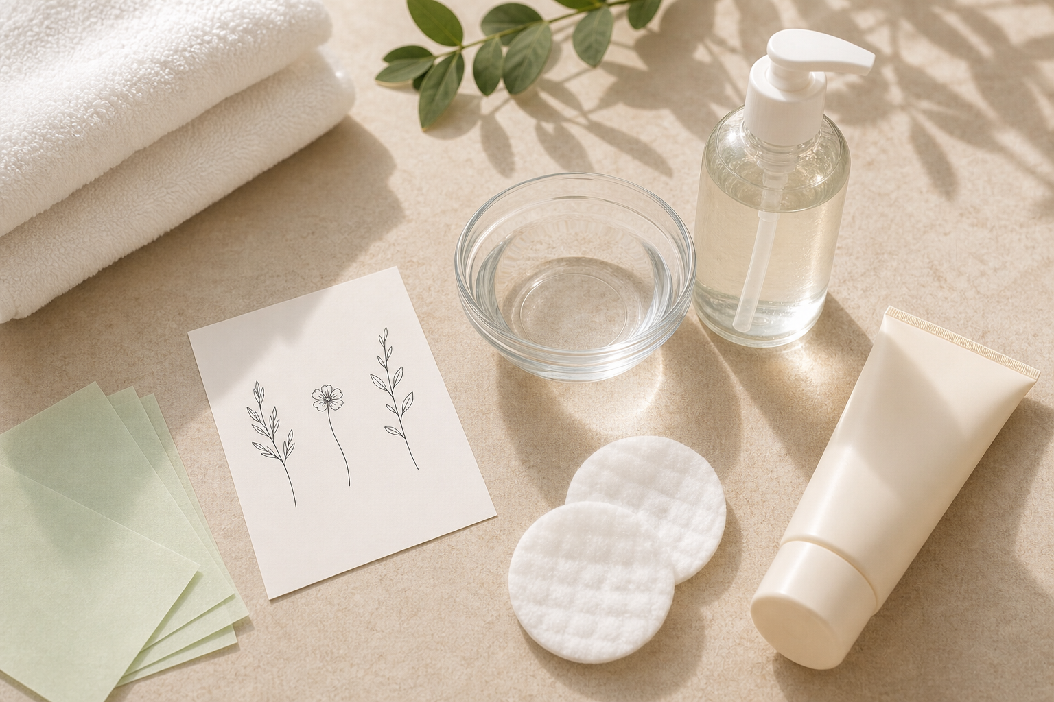 Summer skin prep items for temporary tattoo application.