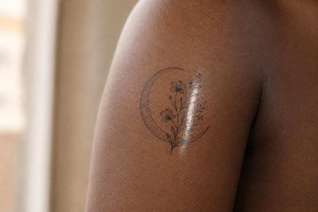 Close-up of a fine-line temporary tattoo on deep brown skin showing a slight surface reflection