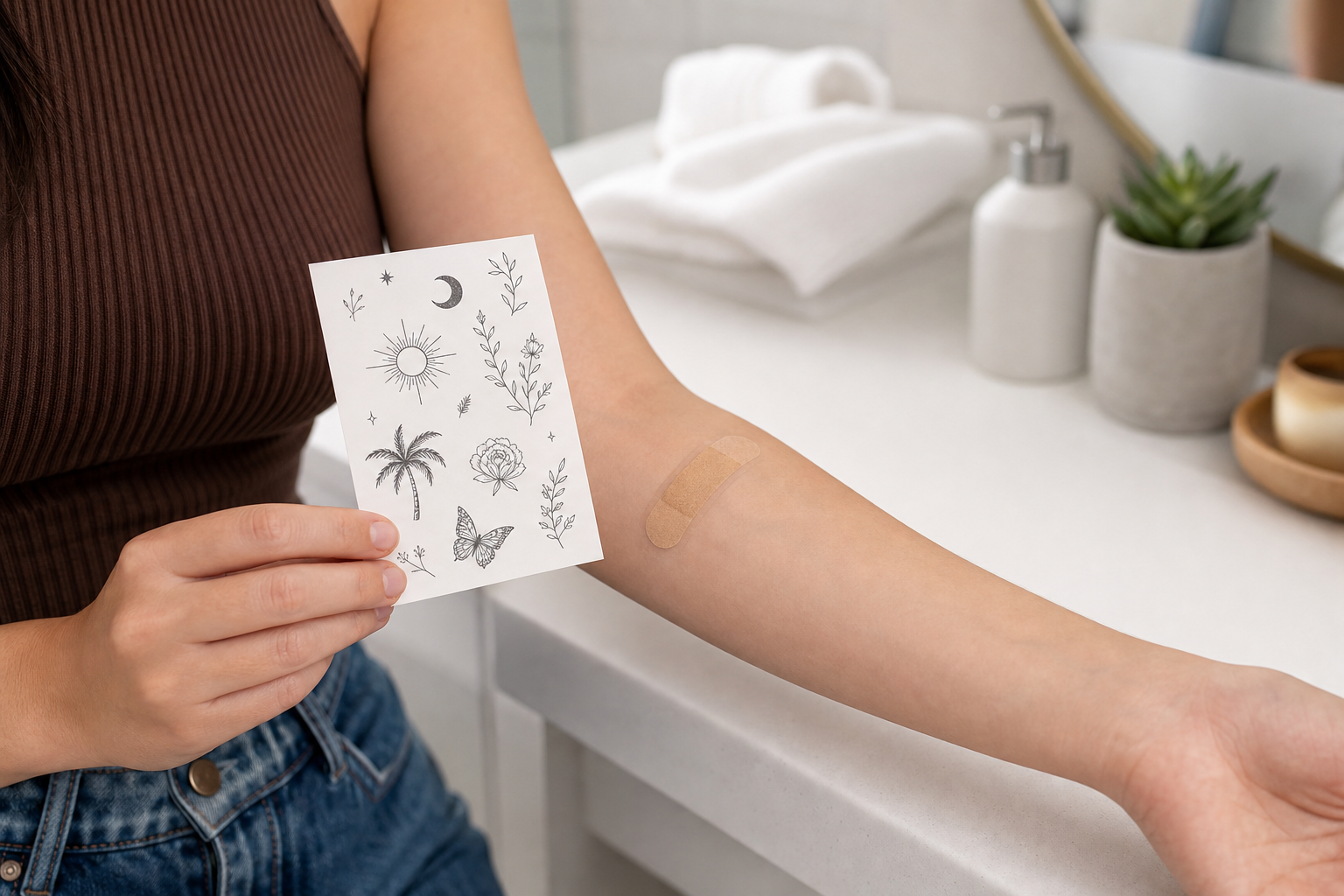 Adult hand holding a temporary tattoo sheet near a bandaged minor cut, showing not to apply over broken skin