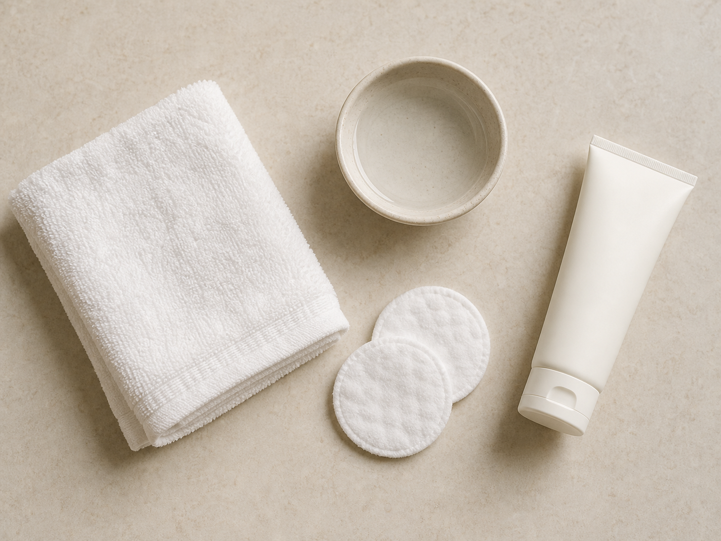 Soft towel, cotton pads, water, and an unlabeled moisturizer arranged for gentle post-removal skin care