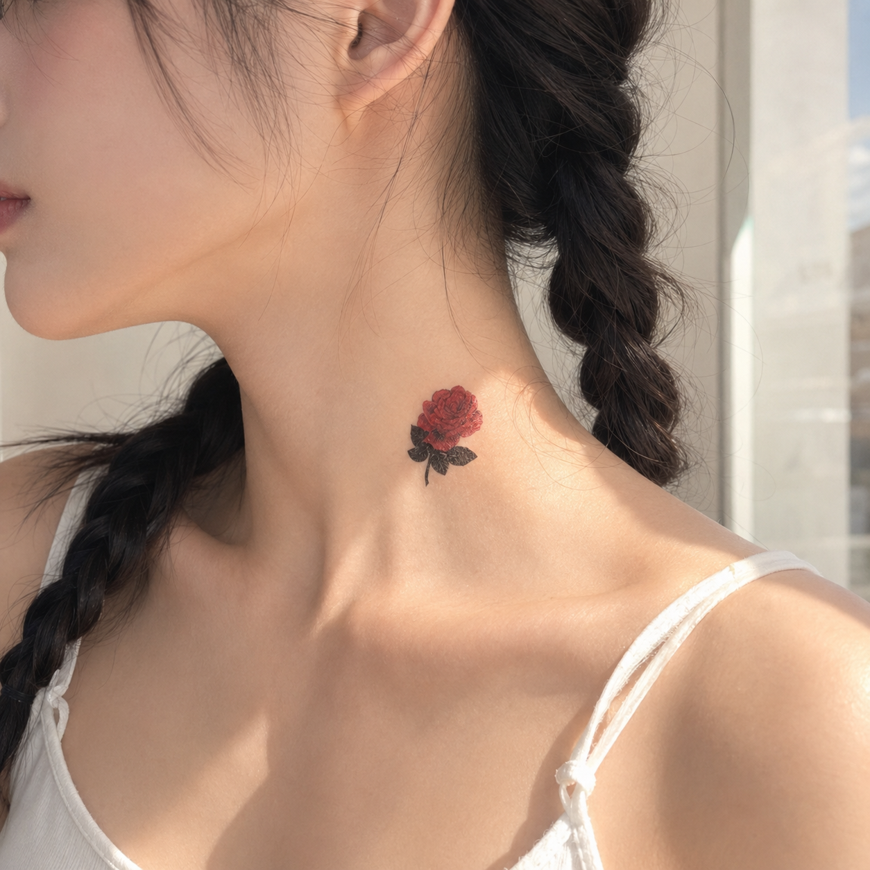  red rose temporary tattoo worn on an adult model’s neck with a white outfit