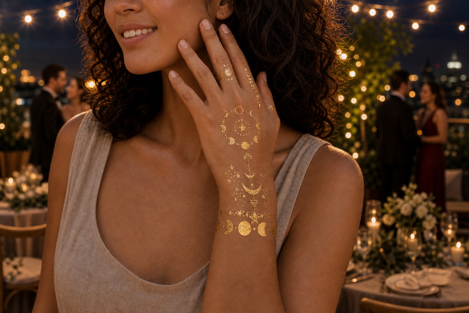 Gold celestial temporary tattoos reflecting warm light at an adult evening reception