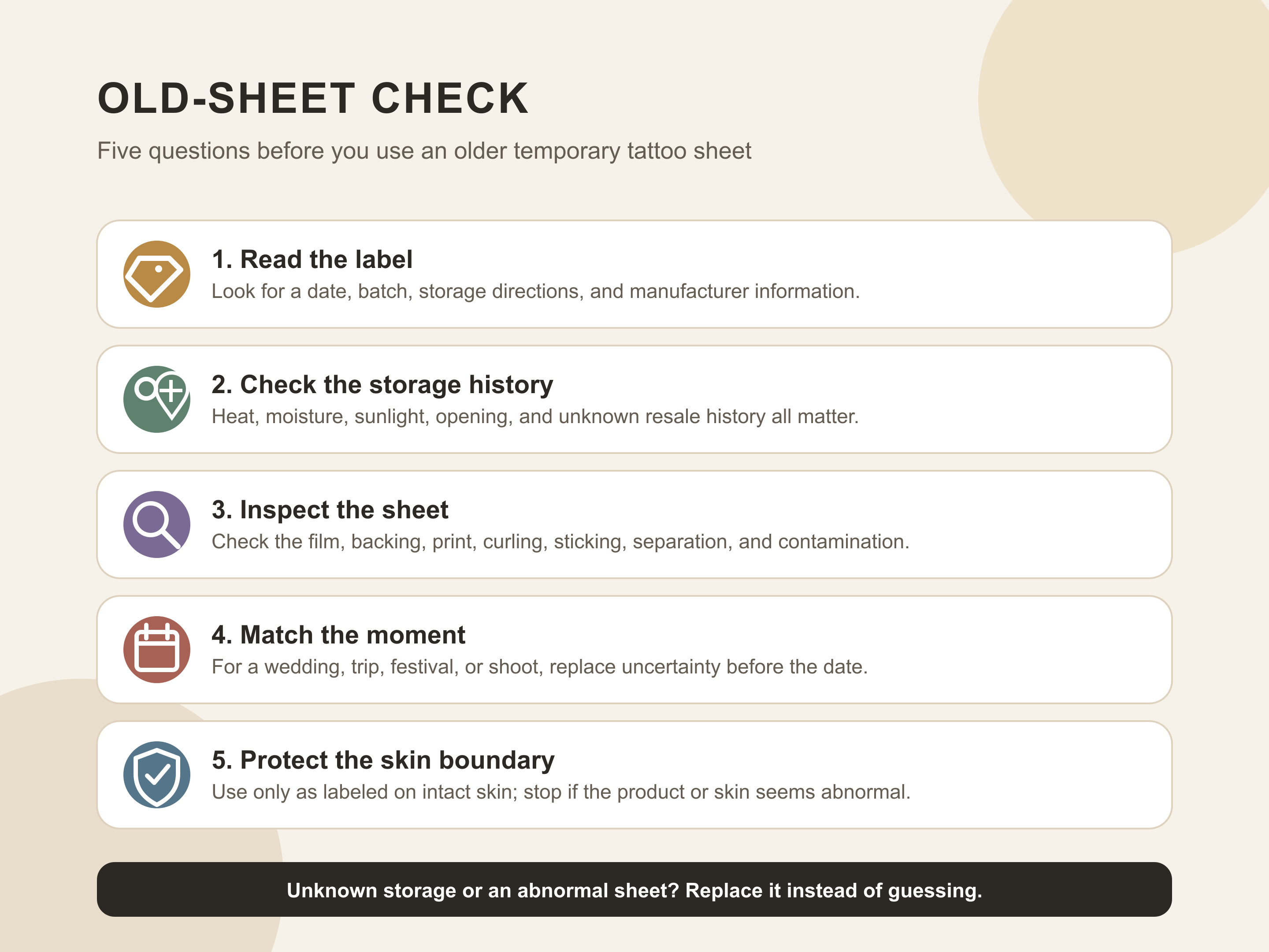 Five-step checklist for checking the label, storage history, physical condition, occasion, and skin boundary of an older temporary tattoo sheet