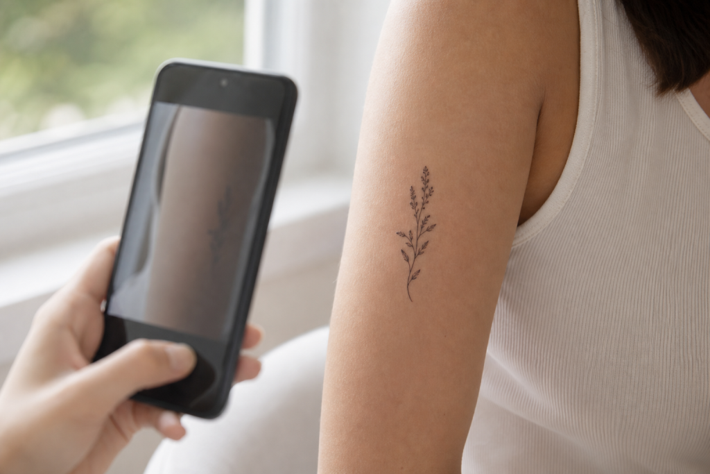 Smartphone photographing a small temporary tattoo in soft window light