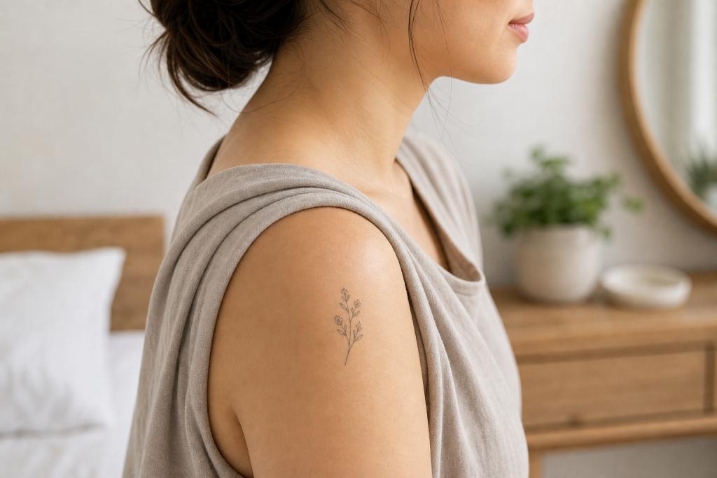 Small temporary tattoo placed on outer shoulder away from the neck fold for sensitive skin