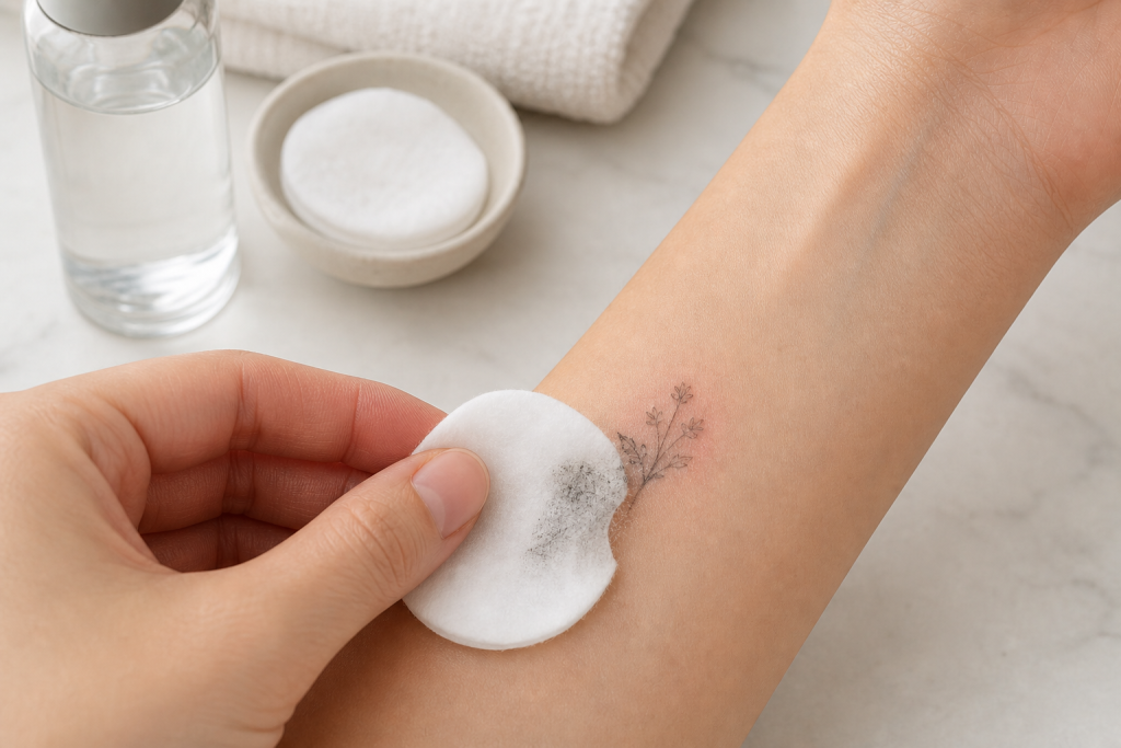 Cotton pad gently removing a tiny temporary tattoo from sensitive skin