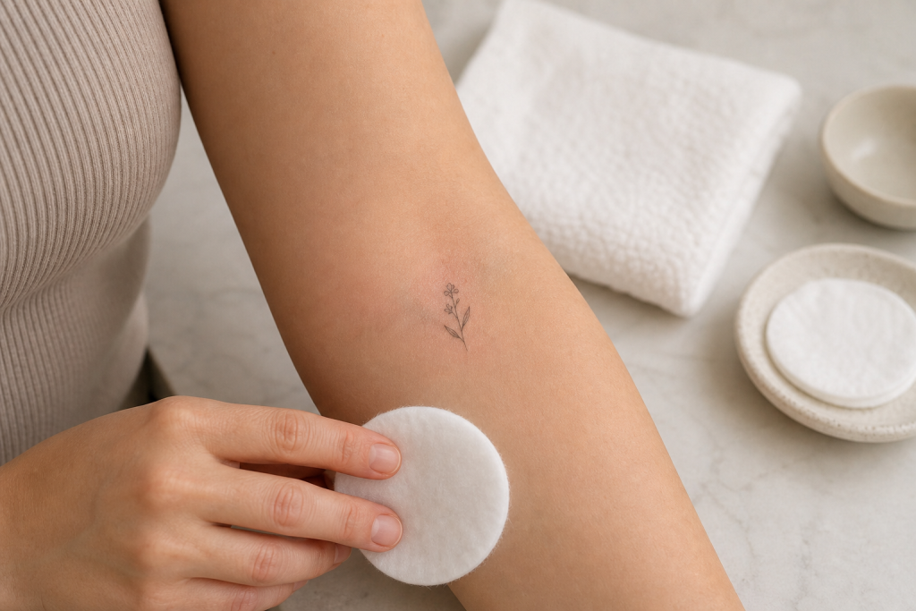 Tiny temporary tattoo on outer forearm for a sensitive skin test
