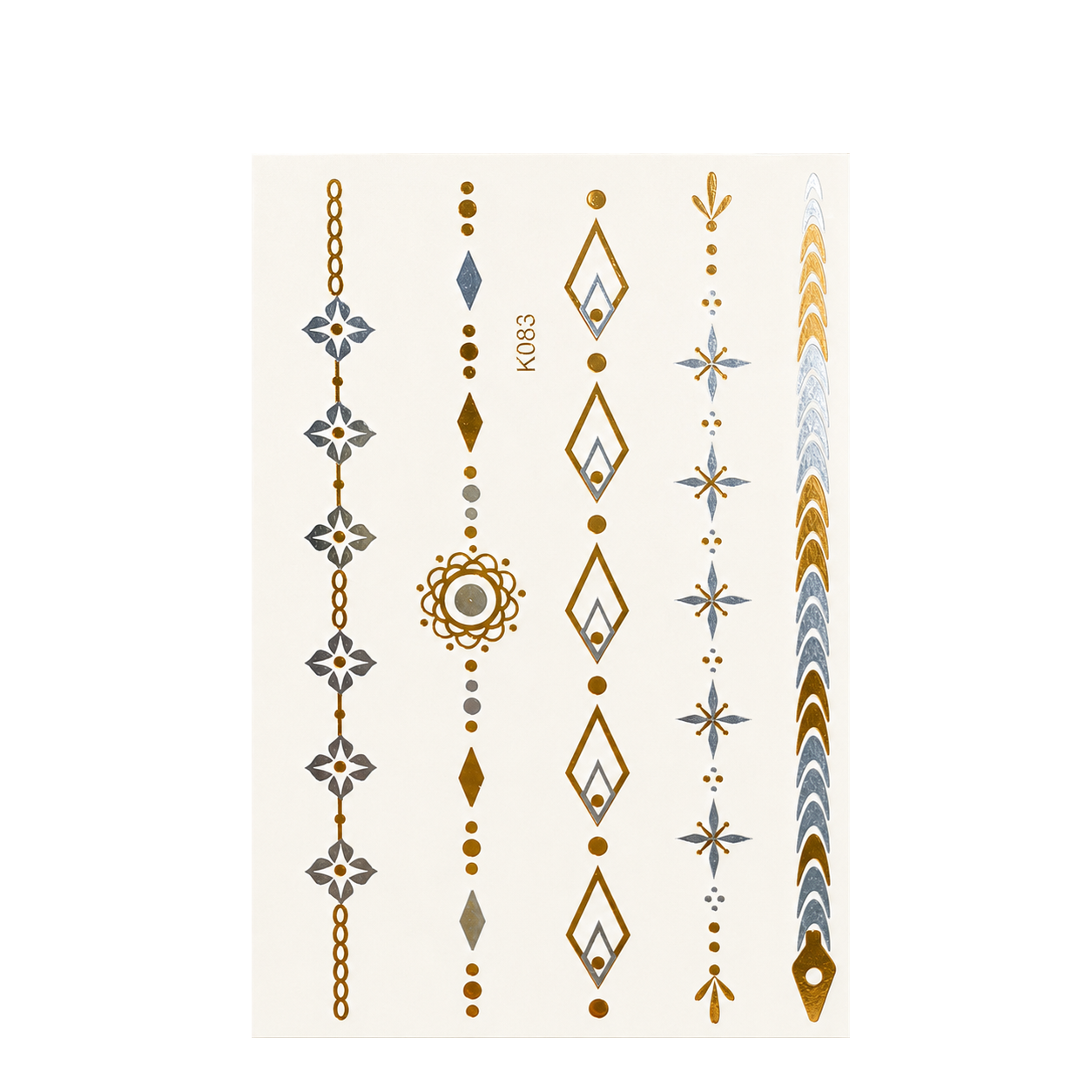 Complete  metallic gold and silver temporary tattoo sheet shown unused on a clean white background