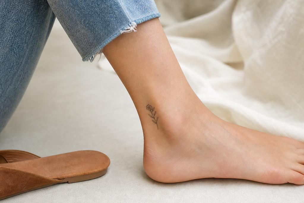 Small temporary tattoo placed beside the ankle joint away from shoe friction
