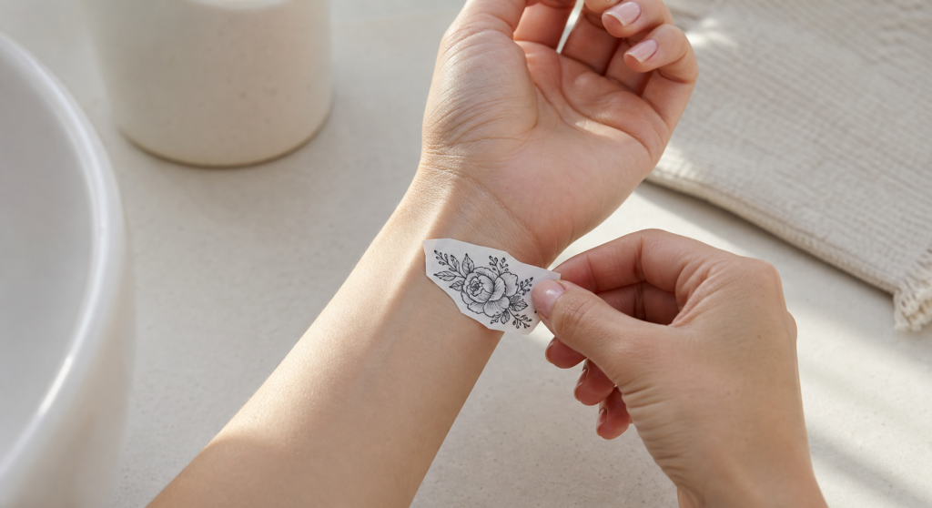 Adult testing temporary tattoo placement near a wrist crease before applying
