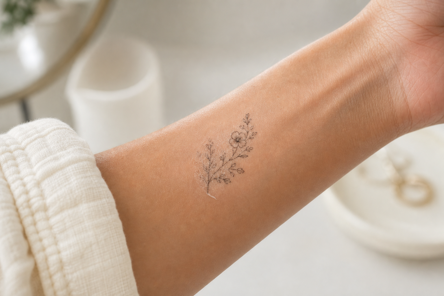 Temporary tattoo on an adult forearm fading unevenly with a slightly curled edge