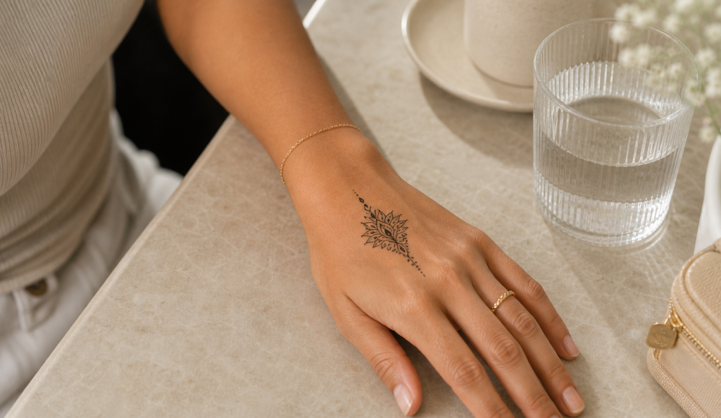 Temporary tattoo on the hand showing a stylish but high-friction placement.