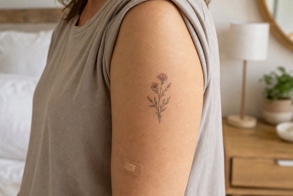 Small temporary tattoo placed on smooth intact upper arm skin away from a covered scratch