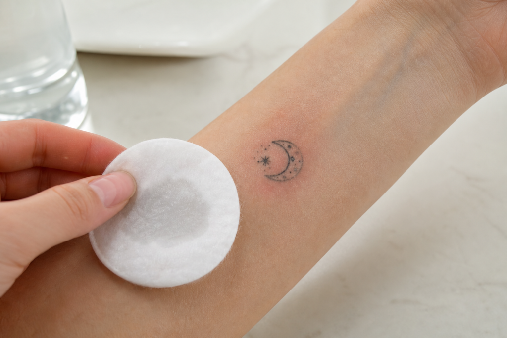 Cotton pad and remover beside a temporary tattoo on slightly red irritated skin, suggesting gentle removal