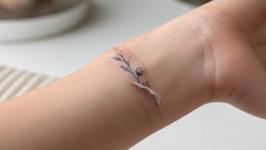 Temporary tattoo edge peeling where it crosses a wrist joint crease