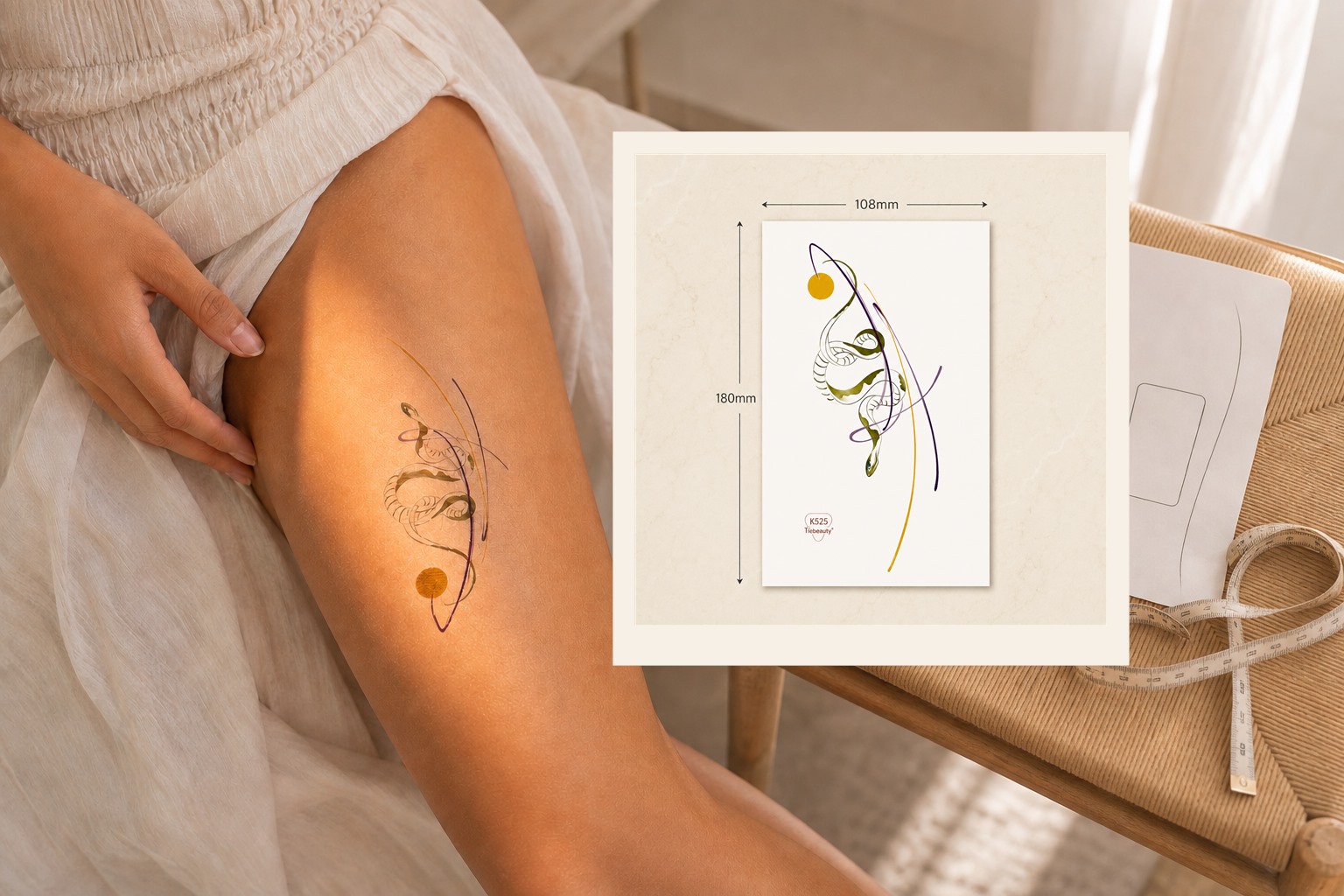 An adult evaluating a botanical temporary tattoo on the thigh beside its verified 108 by 180 millimeter product sheet