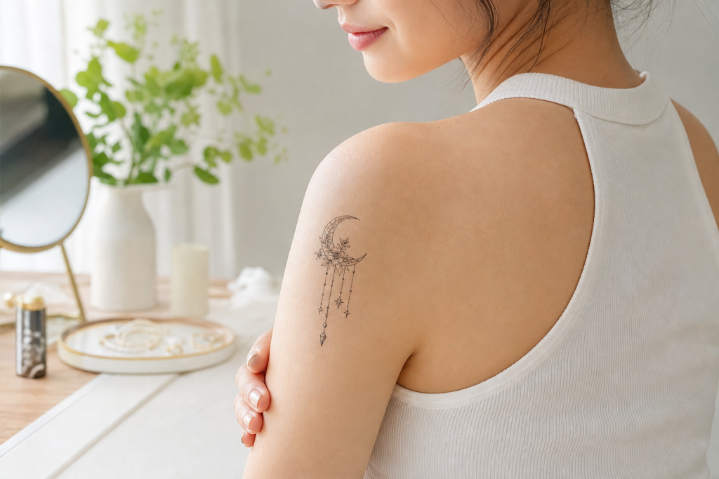 Temporary tattoo on healthy shoulder skin with clean styling items nearby