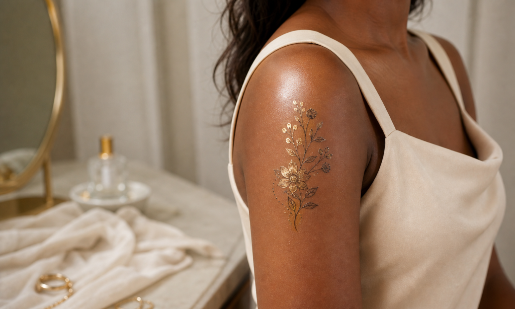 Temporary tattoo on the upper shoulder styled for an outfit or event.