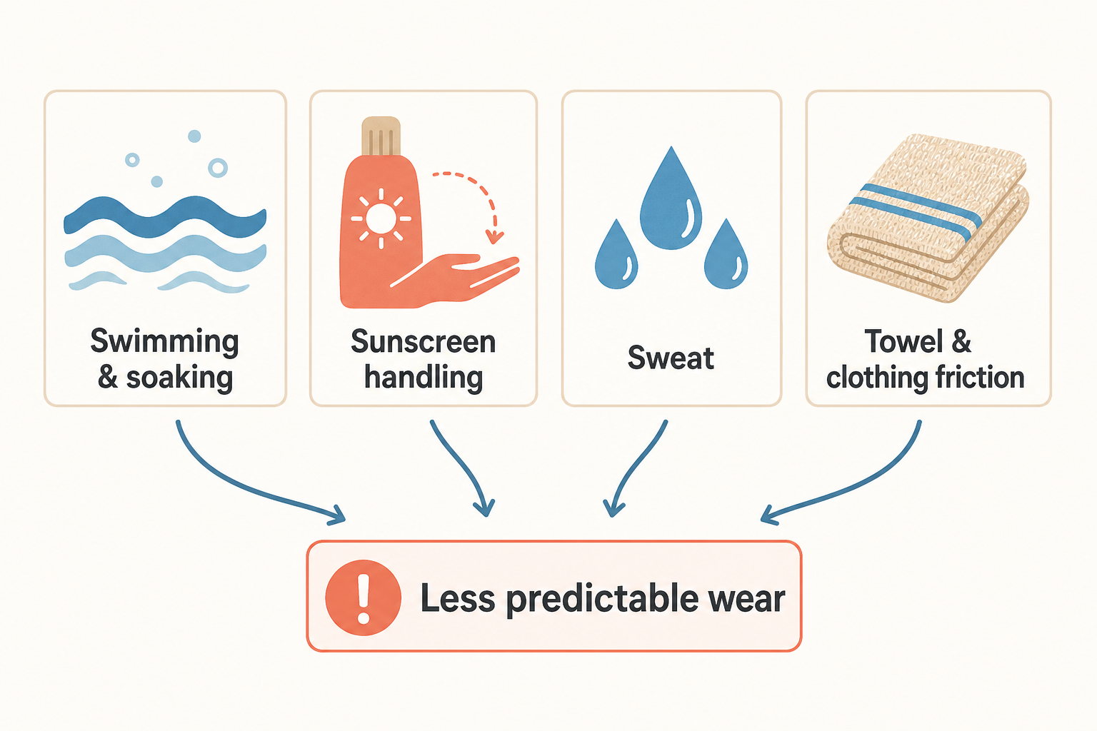 Diagram showing swimming, sunscreen, sweat, and friction as combined temporary tattoo wear factors