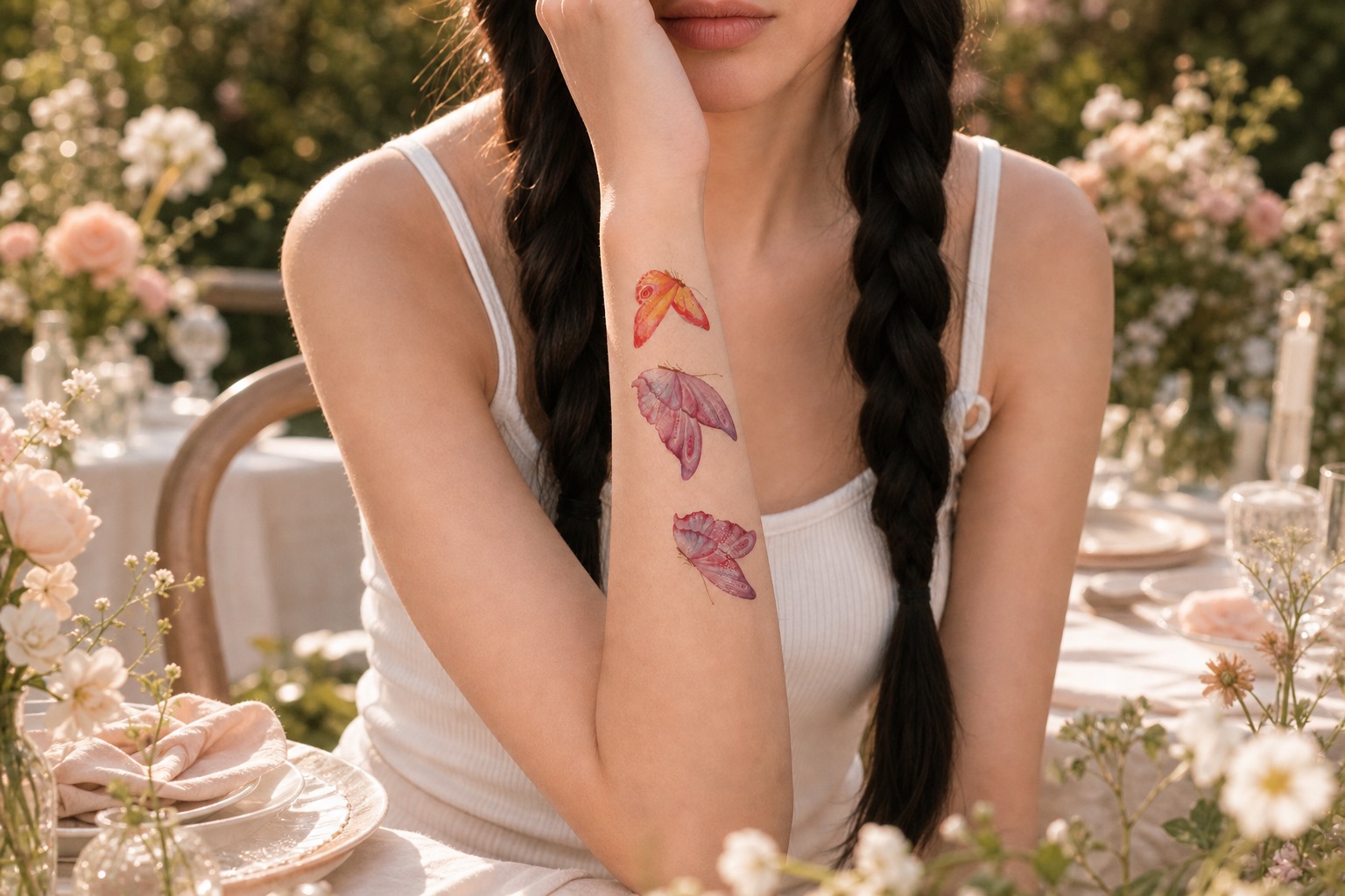 Watercolor butterfly temporary tattoos worn on the forearm at an adult garden gathering