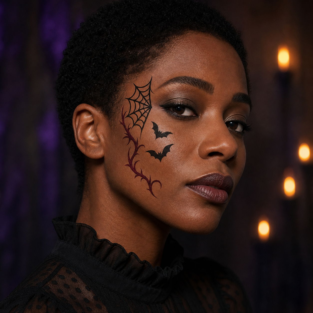 Adult model wearing bold black spiderweb, bat, and burgundy thorn Halloween face tattoo styling