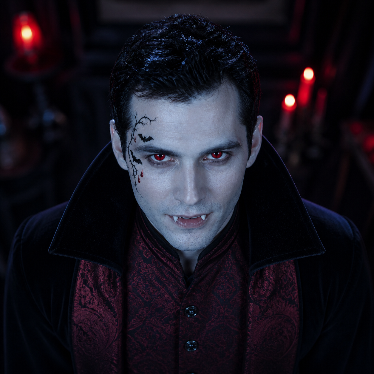 Pale adult vampire photographed from a frontal high angle with red contact lenses, fangs, and bat-and-thorn face tattoo styling