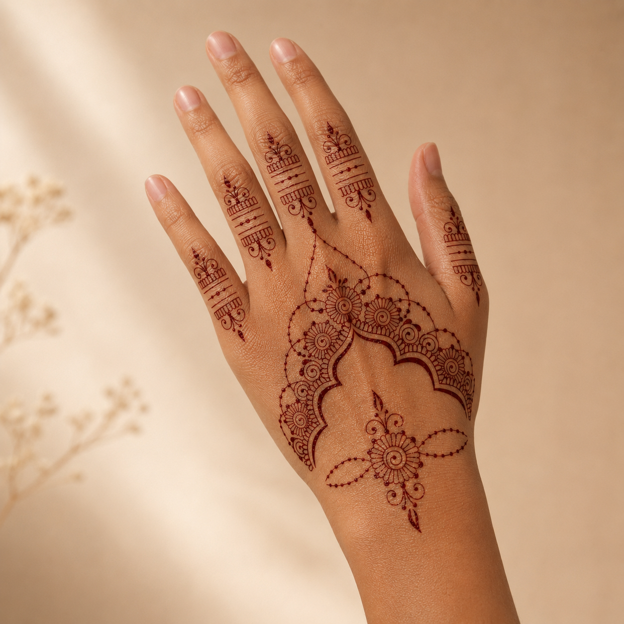 Real water-transfer henna-inspired temporary tattoo applied across an adult hand