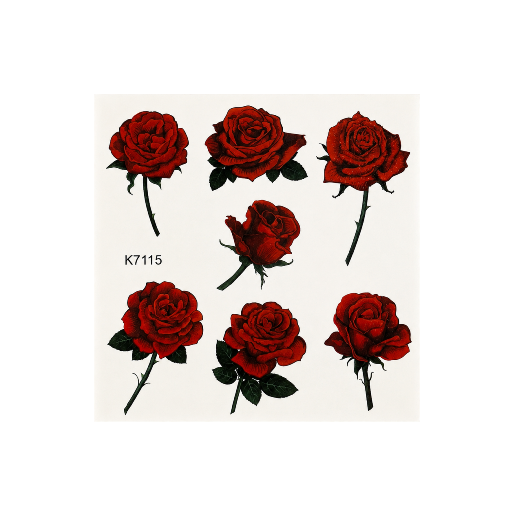 Beauty of Papers red rose temporary tattoo sheet shown as a real product example for design fit checks.