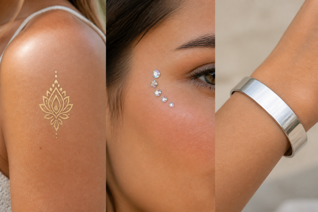 Three-panel editorial illustration of a gold shoulder temporary tattoo, face gems, and a silver bracelet